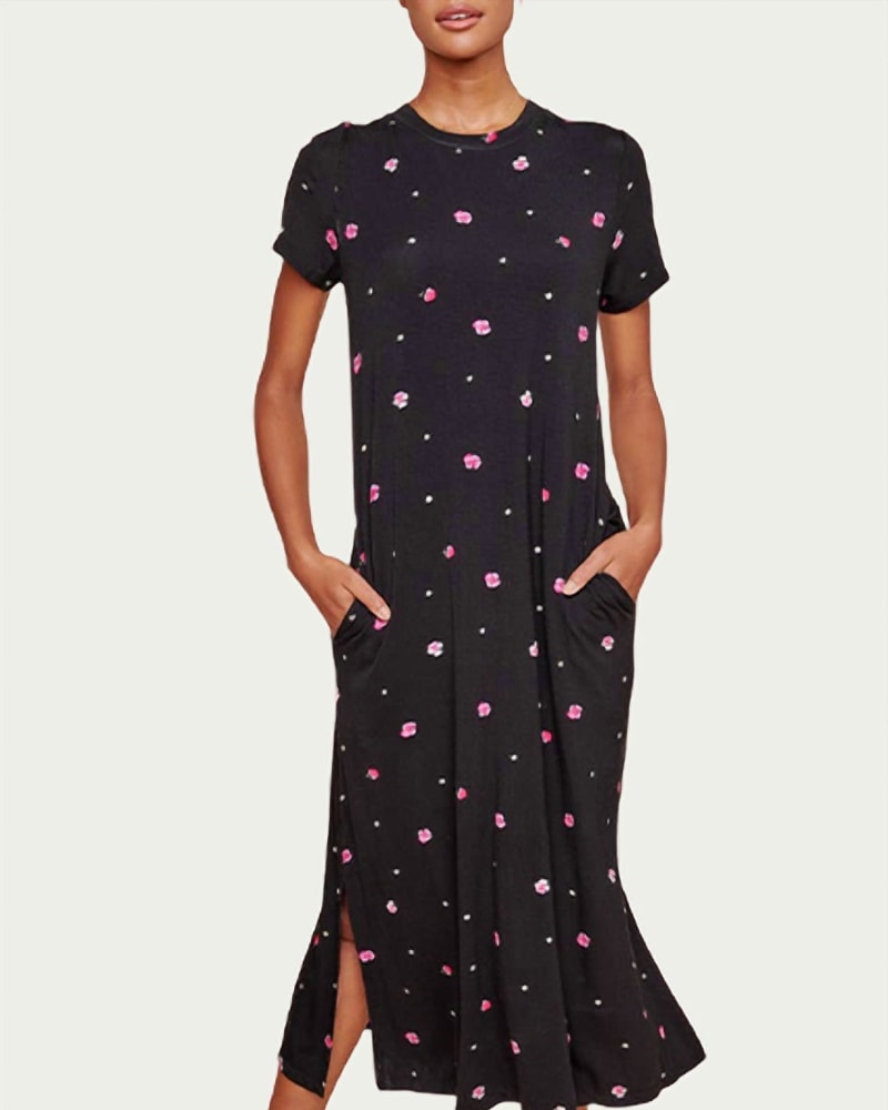Front of a model wearing a size L Mika Floral-Print Stretch-Jersey T-Shirt Midi Dress in Pink/Black in Pink/Black by SugarLips. | dia_product_style_image_id:346554